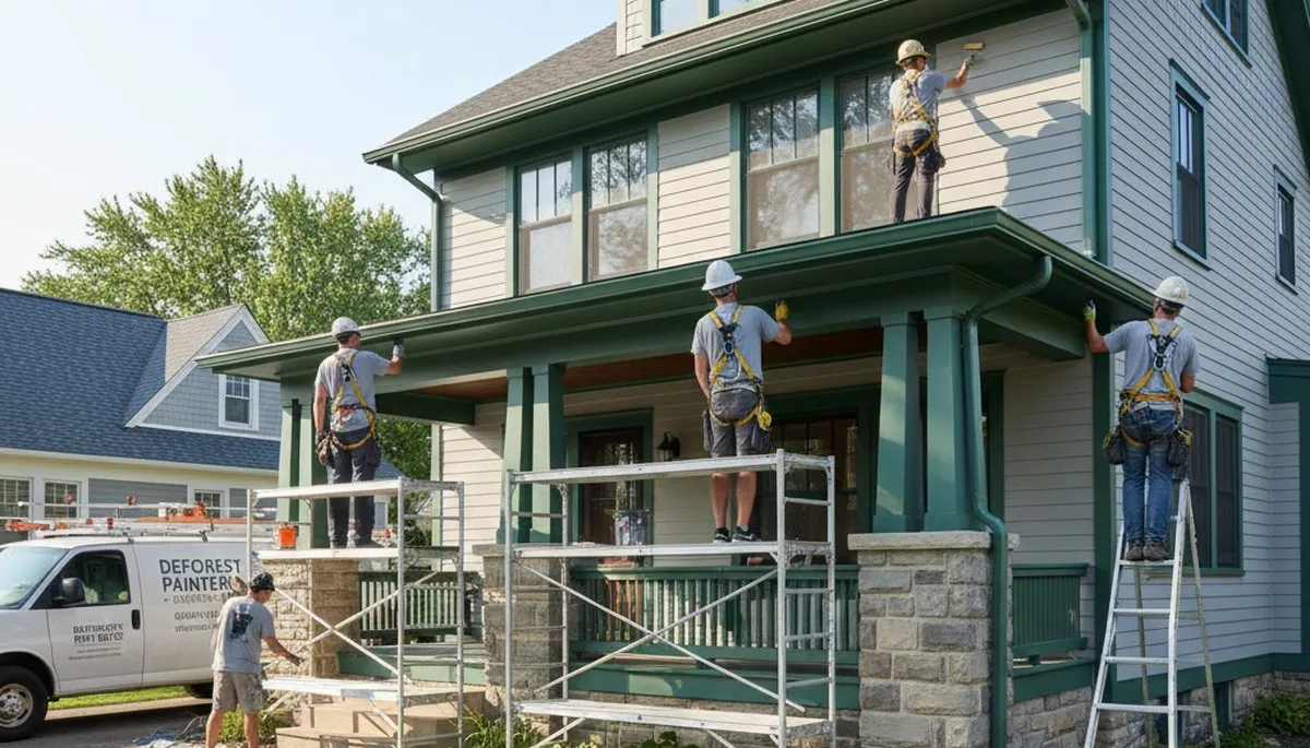 Painting contractors in Madison, WI preparing a home exterior for repainting